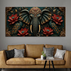 Royal Elephant with Twin Peacocks and Crimson Lotus 3D Canvas Wall Painting
