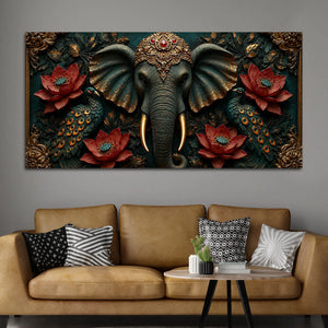 Royal Elephant with Twin Peacocks and Crimson Lotus 3D Canvas Wall Painting