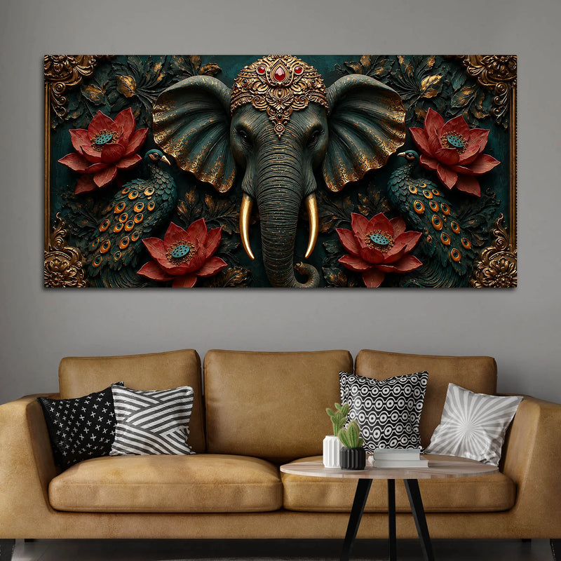 Royal Elephant with Twin Peacocks and Crimson Lotus 3D Canvas Wall Painting