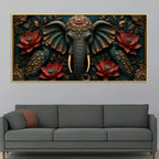 Royal Elephant with Twin Peacocks and Crimson Lotus 3D Canvas Wall Painting