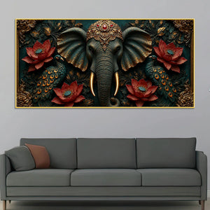 Royal Elephant with Twin Peacocks and Crimson Lotus 3D Canvas Wall Painting
