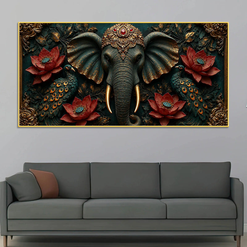 Royal Elephant with Twin Peacocks and Crimson Lotus 3D Canvas Wall Painting