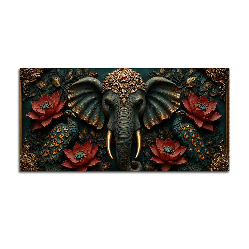 Royal Elephant with Twin Peacocks and Crimson Lotus 3D Canvas Wall Painting