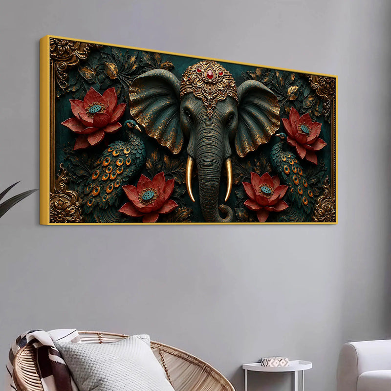 Royal Elephant with Twin Peacocks and Crimson Lotus 3D Canvas Wall Painting