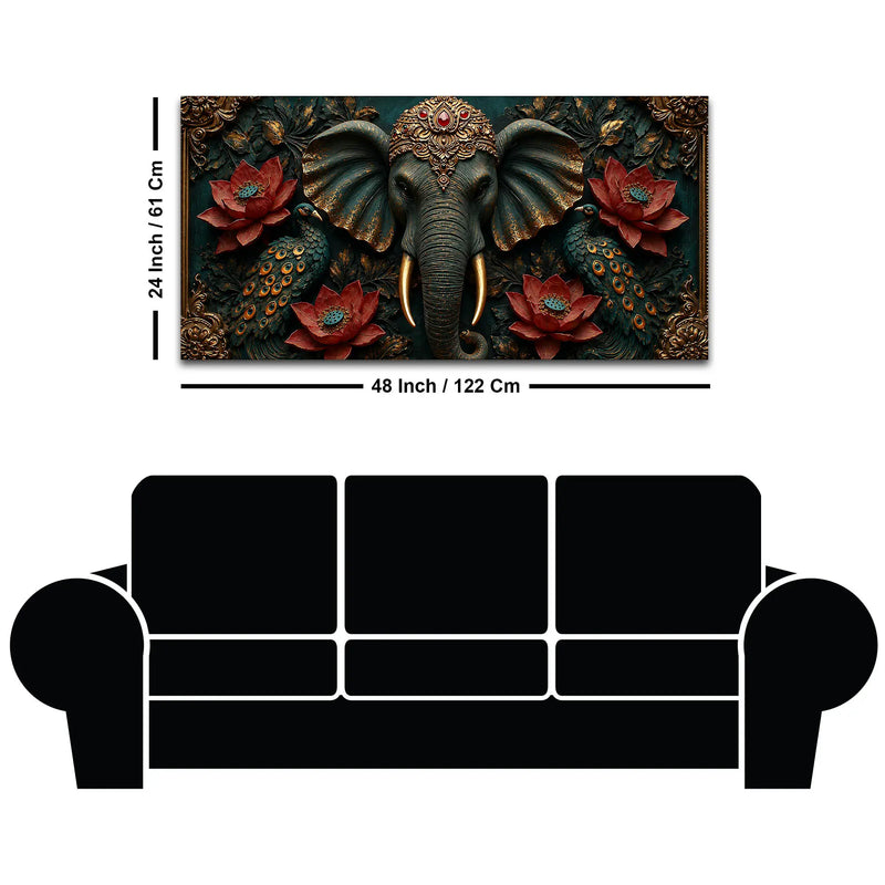 Royal Elephant with Twin Peacocks and Crimson Lotus 3D Canvas Wall Painting