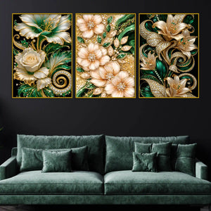 royal-emerald-green-and-rose-gold-flowers-floating-frame-crystal-wall-painting-set-of-3