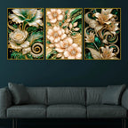 Royal Emerald Green and Rose Gold Flowers Floating Frame Crystal Wall Painting Set of 3