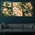 Royal Emerald Green and Rose Gold Flowers Floating Frame Crystal Wall Painting Set of 3