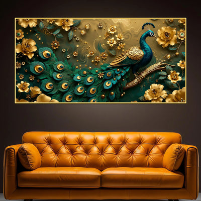 Royal Emerald Peacock with Golden Blossoms 3D Canvas Wall Painting