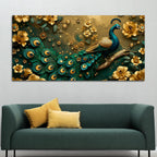 Royal Emerald Peacock with Golden Blossoms 3D Canvas Wall Painting