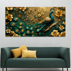 Royal Emerald Peacock with Golden Blossoms 3D Canvas Wall Painting