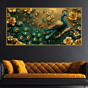 Royal Emerald Peacock with Golden Blossoms 3D Canvas Wall Painting