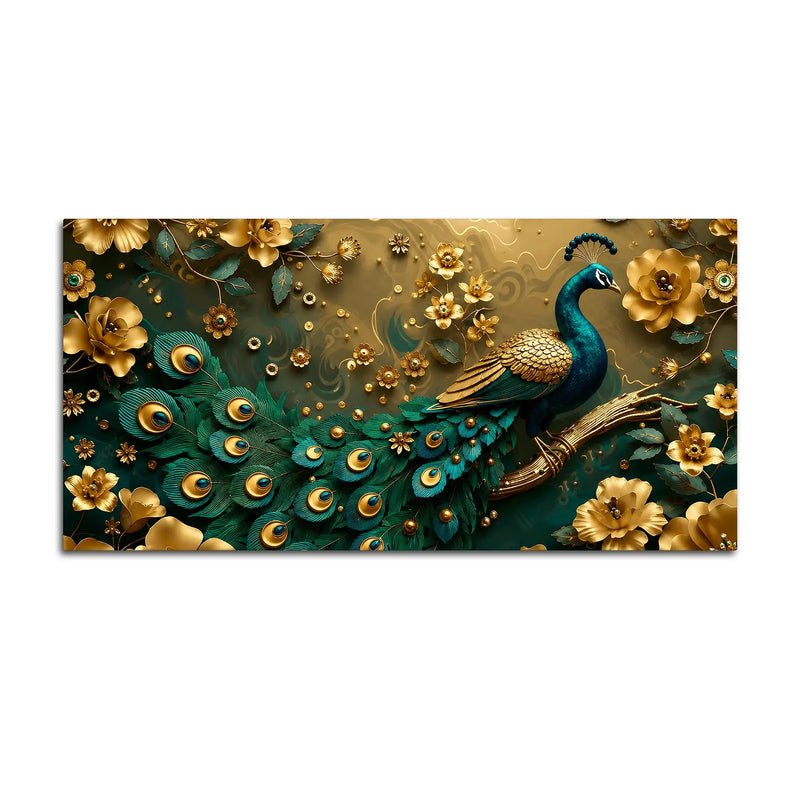 Royal Emerald Peacock with Golden Blossoms 3D Canvas Wall Painting