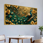 Royal Emerald Peacock with Golden Blossoms 3D Canvas Wall Painting
