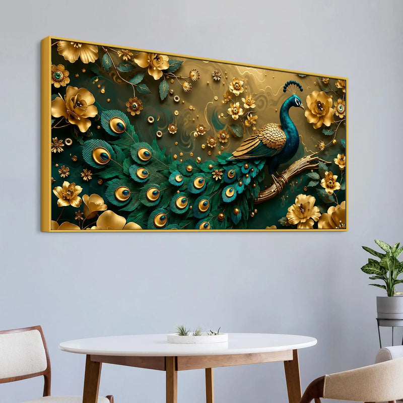 Royal Emerald Peacock with Golden Blossoms 3D Canvas Wall Painting