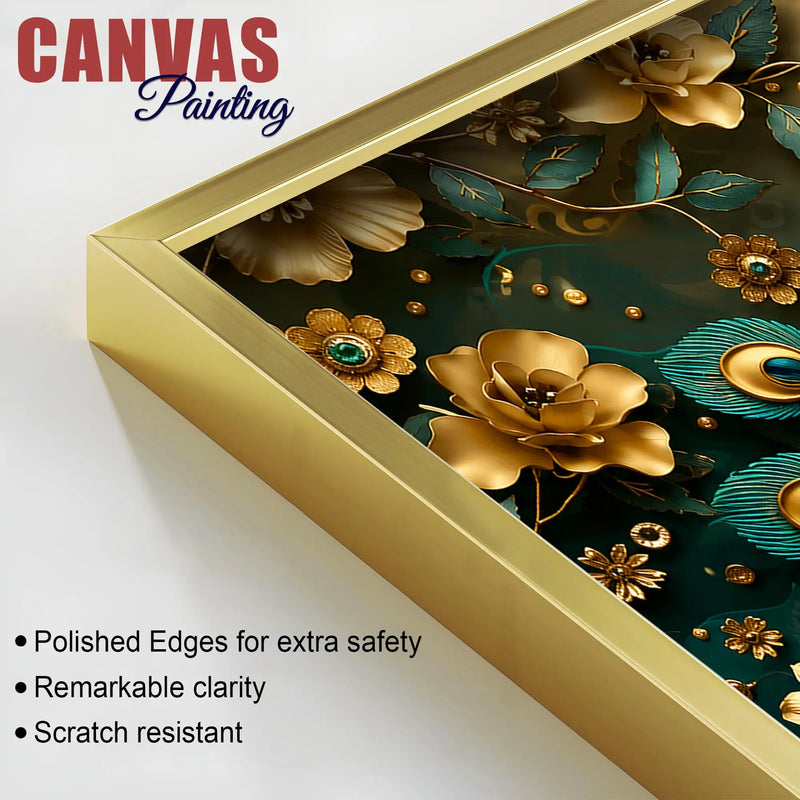 Royal Emerald Peacock with Golden Blossoms 3D Canvas Wall Painting
