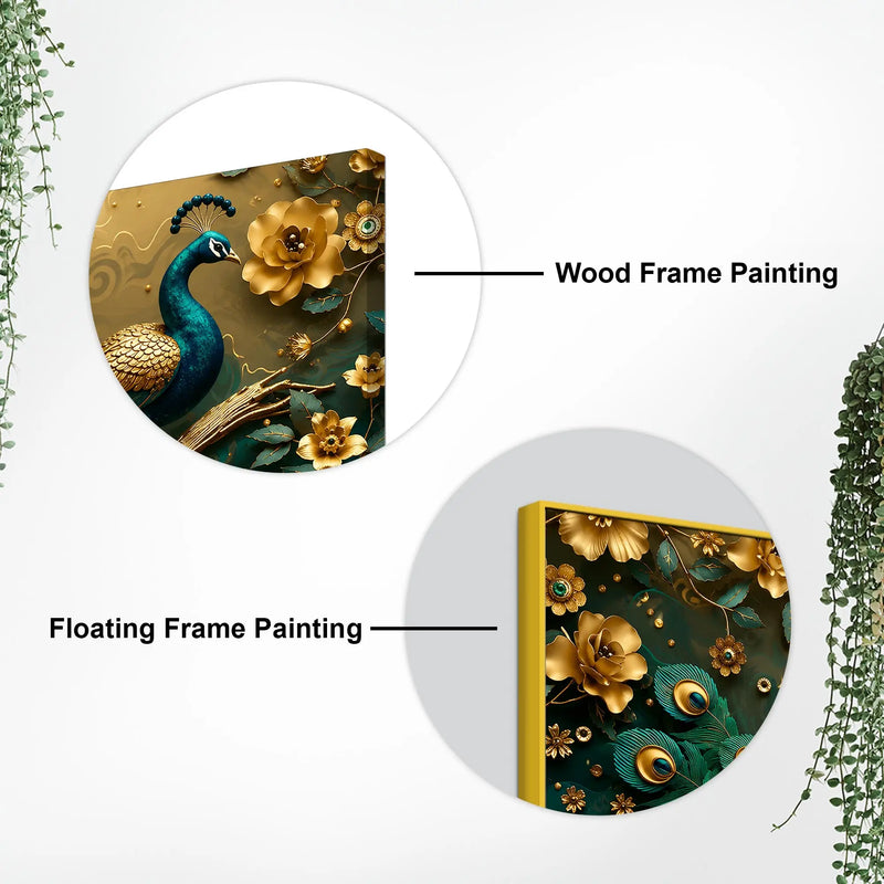 Royal Emerald Peacock with Golden Blossoms 3D Canvas Wall Painting