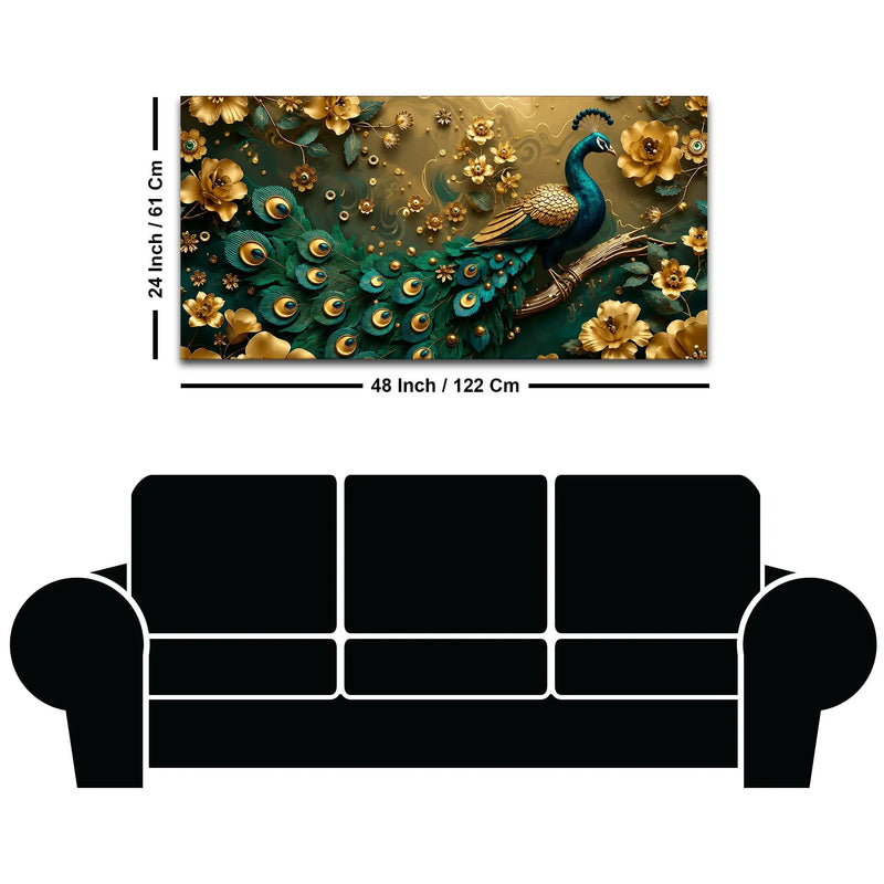 Royal Emerald Peacock with Golden Blossoms 3D Canvas Wall Painting