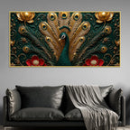 Royal Emerald Peacock with Golden Feather 3D Canvas Wall Painting