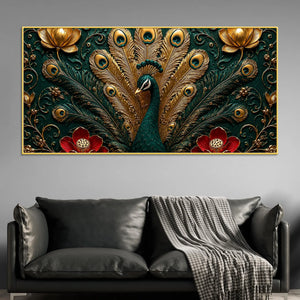 Royal Emerald Peacock with Golden Feather 3D Canvas Wall Painting