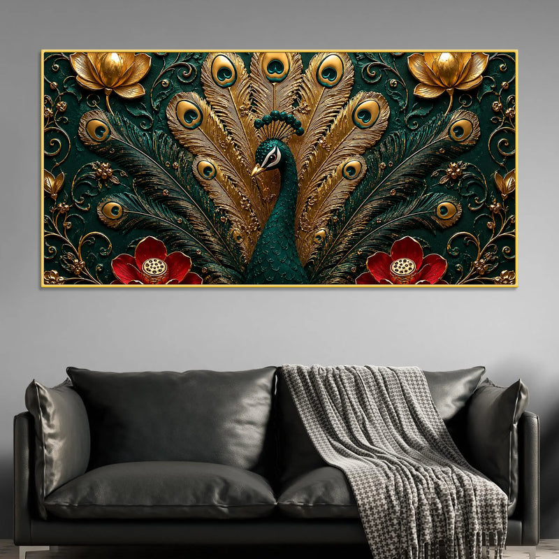 Royal Emerald Peacock with Golden Feather 3D Canvas Wall Painting