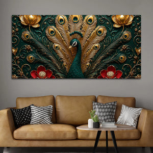 Royal Emerald Peacock with Golden Feather 3D Canvas Wall Painting