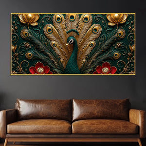 Royal Emerald Peacock with Golden Feather 3D Canvas Wall Painting