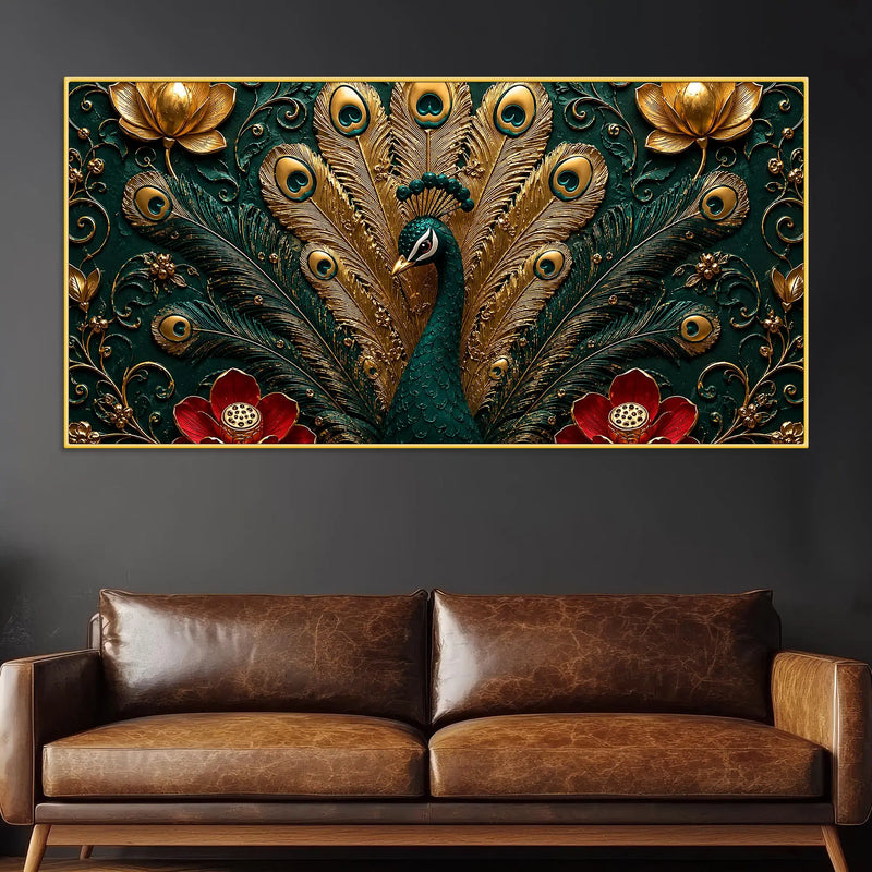 Royal Emerald Peacock with Golden Feather 3D Canvas Wall Painting