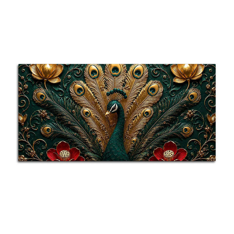 Royal Emerald Peacock with Golden Feather 3D Canvas Wall Painting