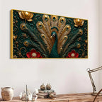 Royal Emerald Peacock with Golden Feather 3D Canvas Wall Painting