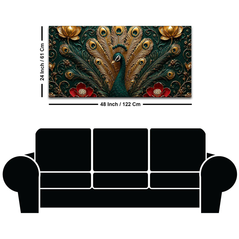 Royal Emerald Peacock with Golden Feather 3D Canvas Wall Painting