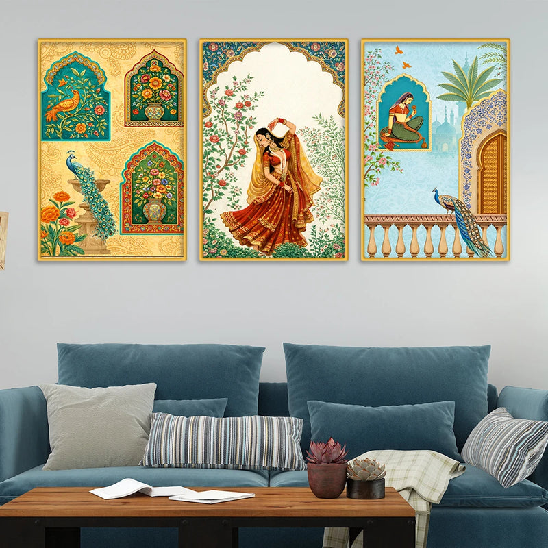 Royal Floral Woman Canvas Wall Painting Set of Three