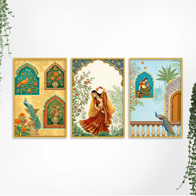 Royal Floral Woman Canvas Wall Painting Set of Three