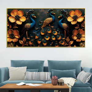 Royal Gathering of Three Peacocks in Blooming Golden Garden Canvas Painting