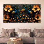 Royal Gathering of Three Peacocks in Blooming Golden Garden Canvas Painting