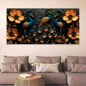 Royal Gathering of Three Peacocks in Blooming Golden Garden Canvas Painting