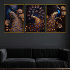 Royal Gold Peacock with Blue Jewel Tones Floating Frame Crystal Wall Painting Set of 3