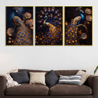 Royal Gold Peacock with Blue Jewel Tones Floating Frame Crystal Wall Painting Set of 3