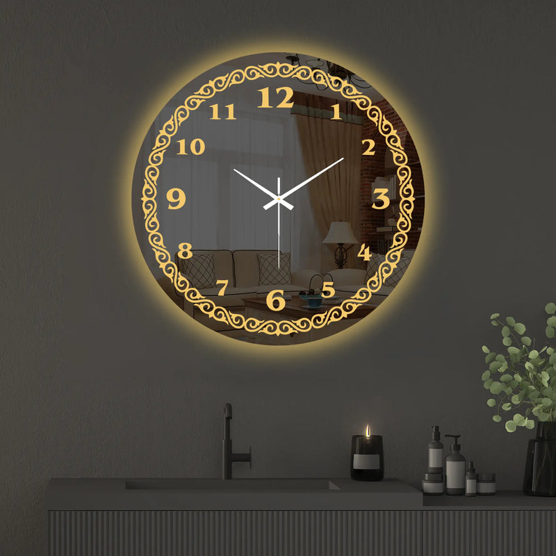 Royal Golden Accent LED Mirror Wall Clock with Classic Numerals