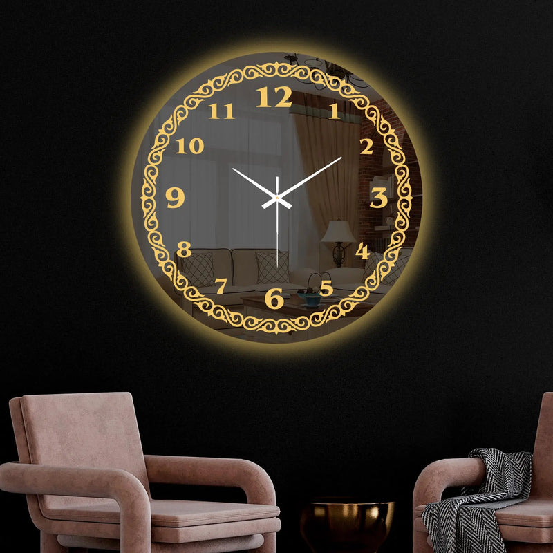 Royal Golden Accent LED Mirror Wall Clock with Classic Numerals