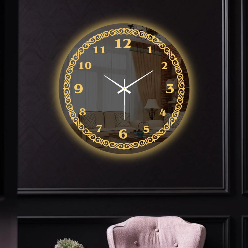 Royal Golden Accent LED Mirror Wall Clock with Classic Numerals