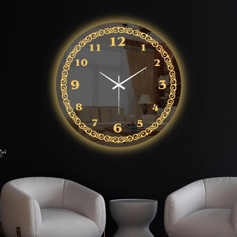 Royal Golden Accent LED Mirror Wall Clock with Classic Numerals