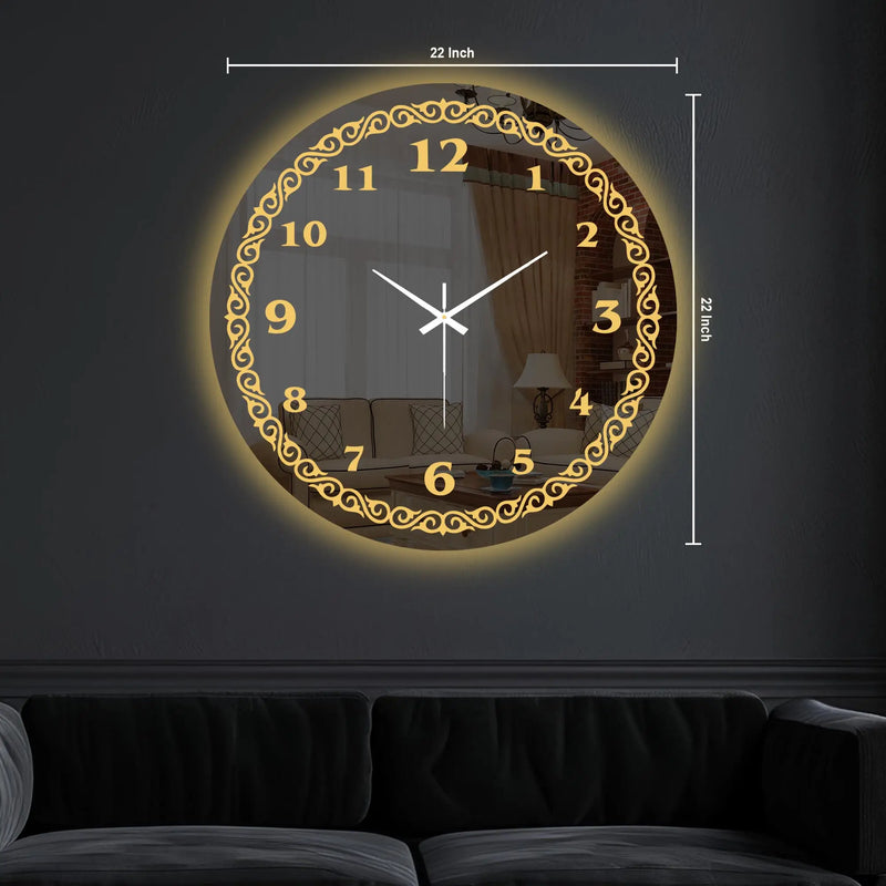 Royal Golden Accent LED Mirror Wall Clock with Classic Numerals