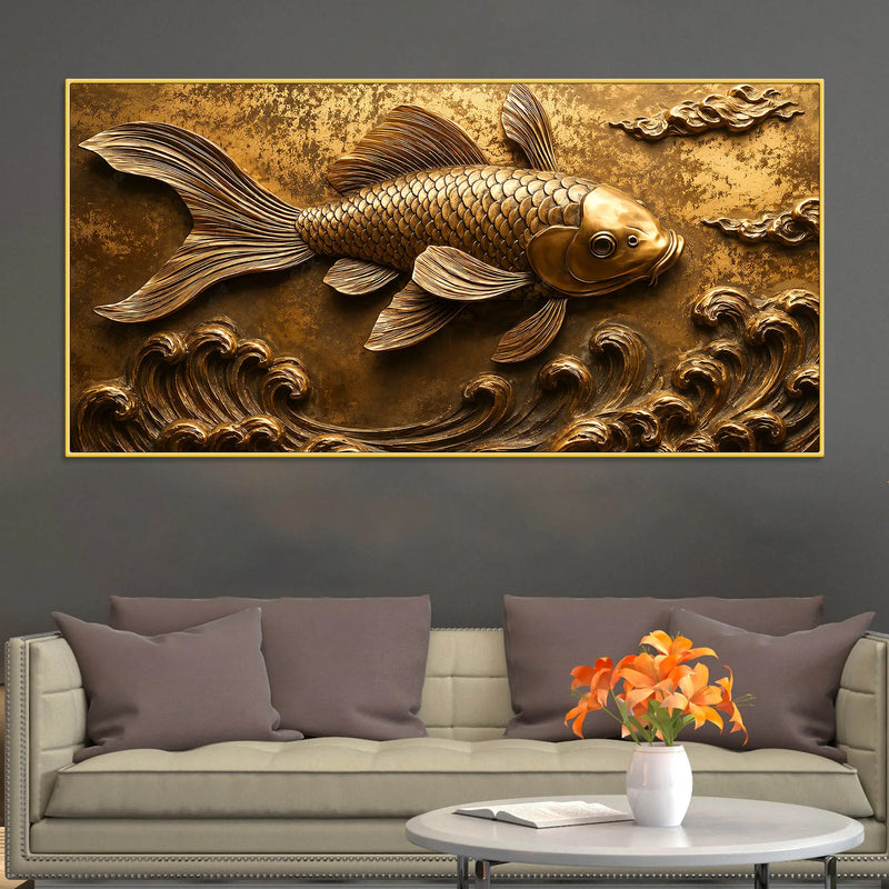 Royal Golden Koi Fish Swimming Through Waves 3D Canvas Wall Painting