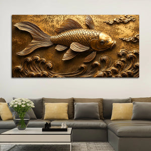 Royal Golden Koi Fish Swimming Through Waves 3D Canvas Wall Painting