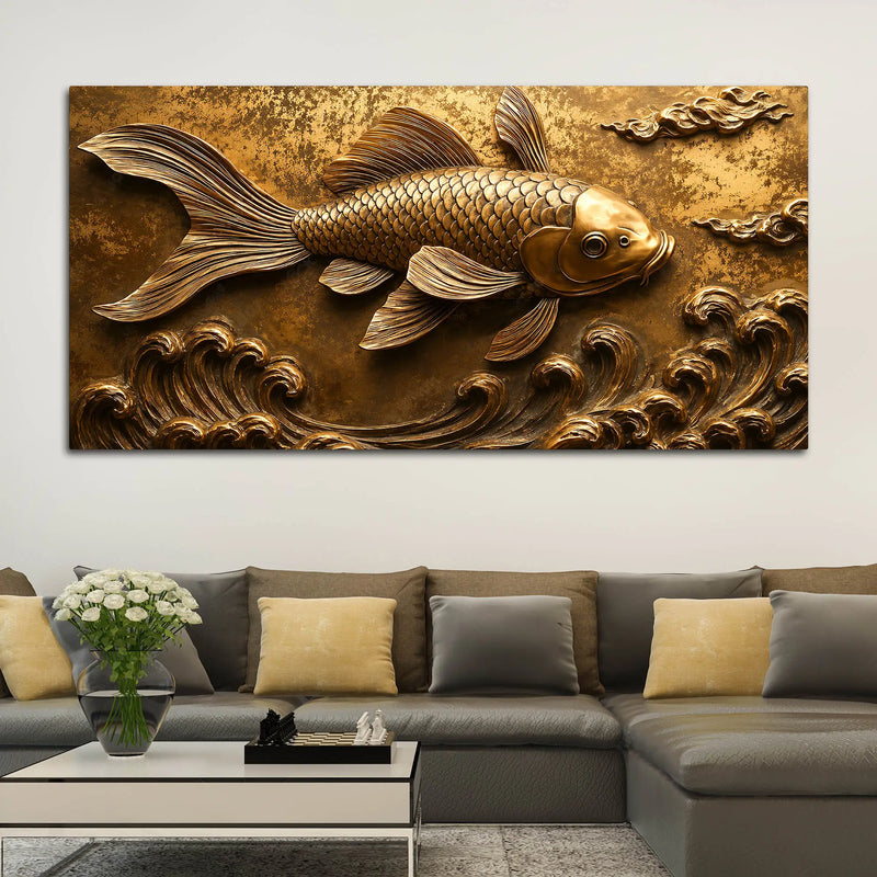 Royal Golden Koi Fish Swimming Through Waves 3D Canvas Wall Painting