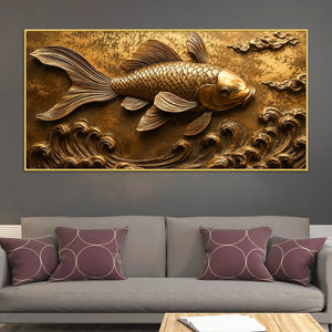 Royal Golden Koi Fish Swimming Through Waves 3D Canvas Wall Painting