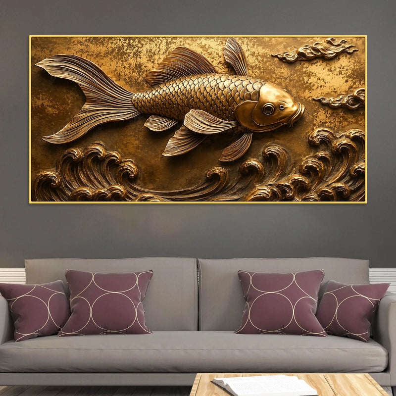 Royal Golden Koi Fish Swimming Through Waves 3D Canvas Wall Painting
