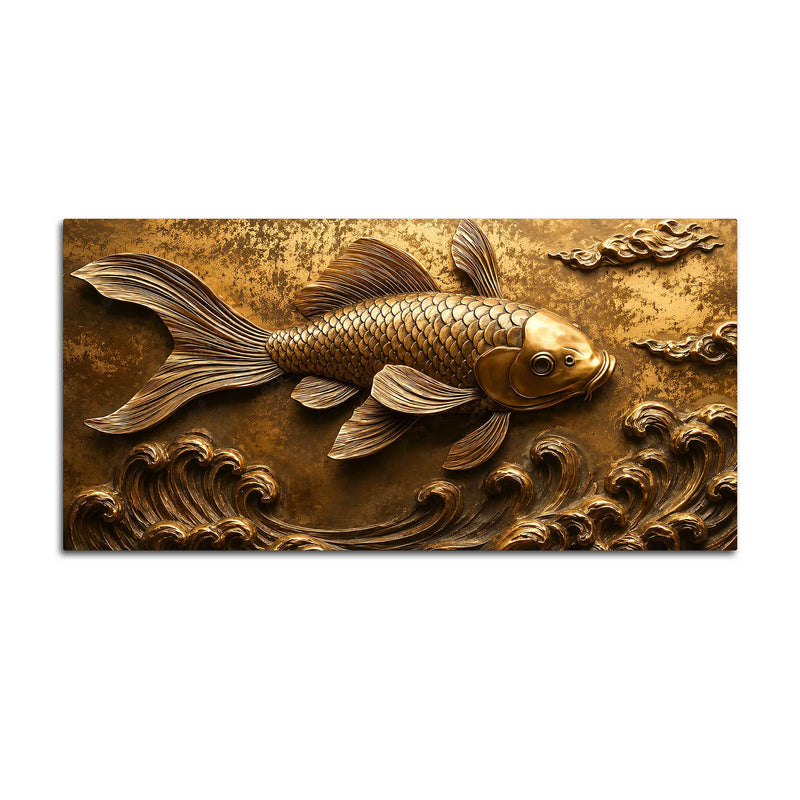 Royal Golden Koi Fish Swimming Through Waves 3D Canvas Wall Painting