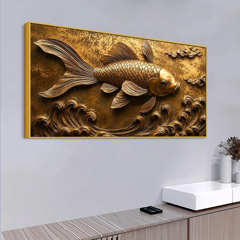 Royal Golden Koi Fish Swimming Through Waves 3D Canvas Wall Painting